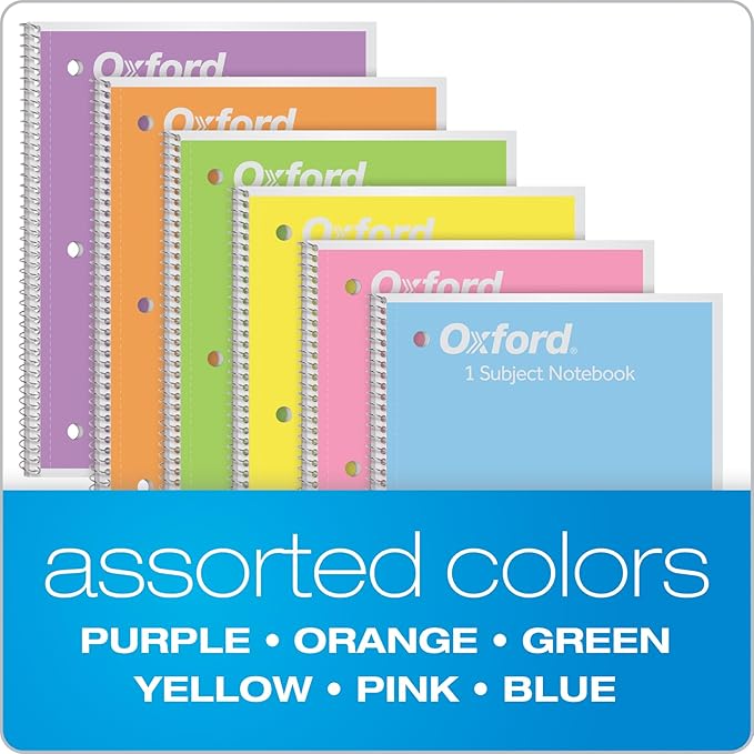 Oxford Spiral Notebooks, 6 Count, 1 Subject, Wide Ruled Notebooks for School, 8 x 10.5 Inches, 70 Sheets, Assorted Pastel Colors, Back to School Supplies (63757) (Pack of 8)