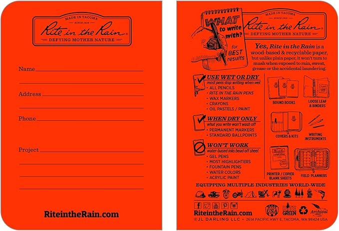 Rite in the Rain Weatherproof Mini Stapled Notebook, 3.25" x 4.625", Orange Cover, Universal Pattern, 3 Pack (No. OR71FX-M)