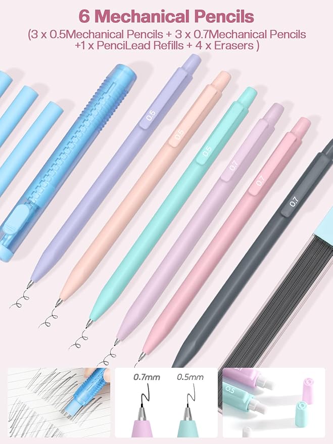 51 PCS Aesthetic School Supplies with Cute Pencil Case, 12 Pastel Highlighters, 8 Quick Dry Retractable Black Ink Pens, 6 Pastel Mechanical Pencil Student Stationary Bible Study Supplies (Pink)