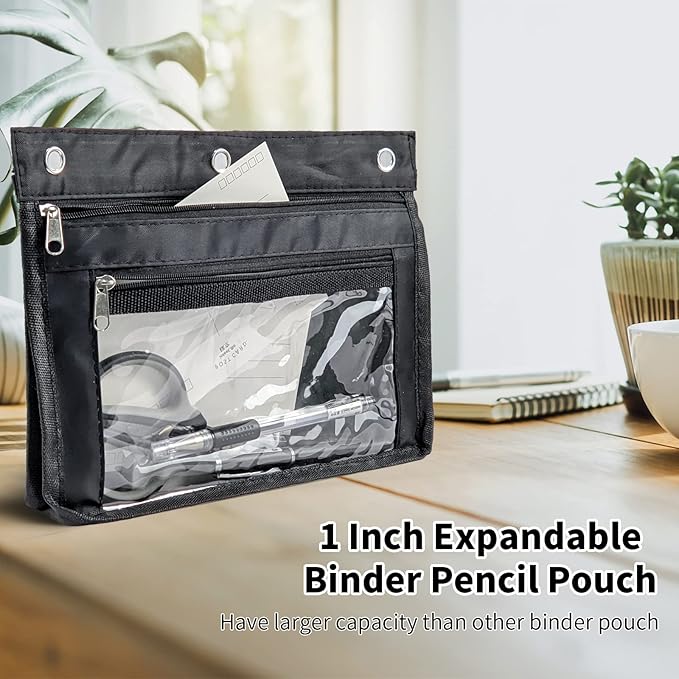 YoeeJob 6 Pack 1 Inch Expandable Zipper Pencil Pouches with Clear Window for 3 Ring Binder, Suitable for School & Office(Black+Blue)