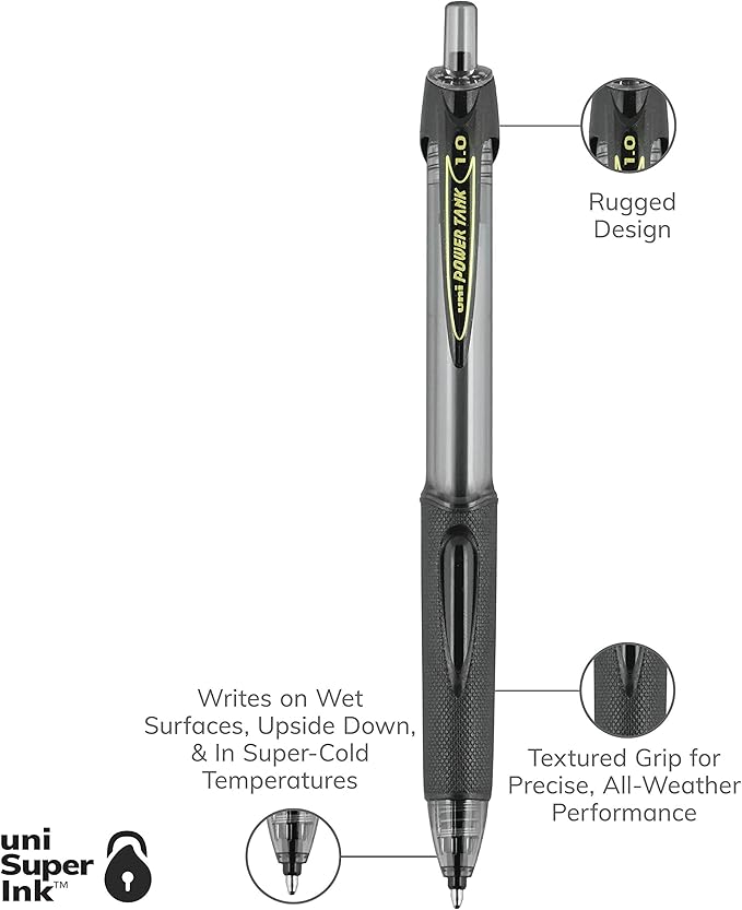 uniball Power Tank RT Ballpoint Pens, Medium Point (1.0mm), Black, 12 Pack