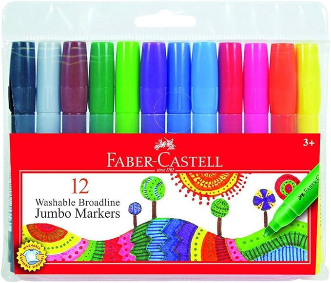 Faber-Castell Jumbo Broad Line Markers - 12 Colored Markers - Non-Toxic Supplies for Kids