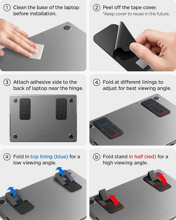 Spigen Slim Fold Adhesive Laptop Stand 2 Piece Foldable Portable Dual Ergonomic Angle Adjustment Lift Anti-Slip Compatible with MacBook Pro, MacBook Air 11"-16" and More - Black (LD201-S2)