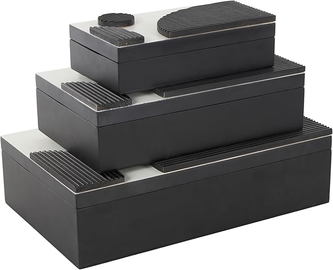 Deco 79 Wood Handmade Decorative Box Decorative Keepsake Boxes with 3D Geometric Accents, Set of 3 Storage Boxes 15", 12", 9"W, Black