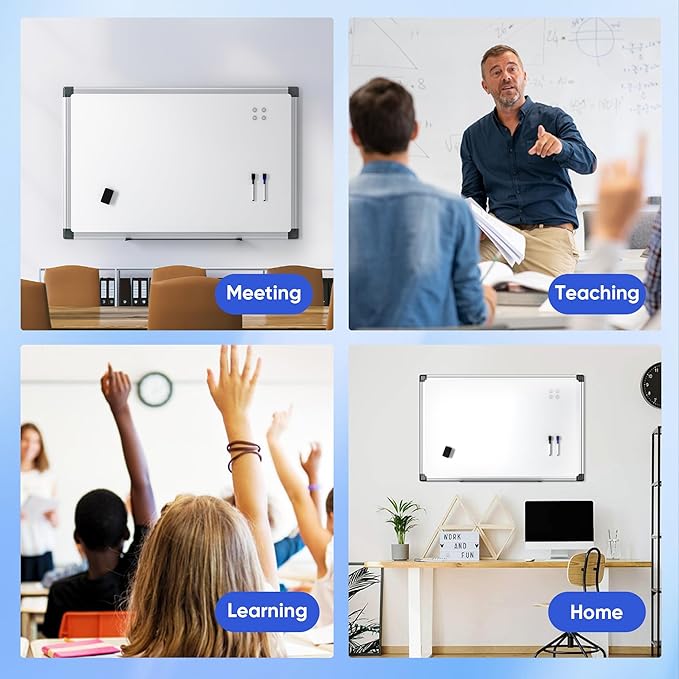 Magnetic White Board Hanging 36" x 24" for Wall, Dry Erase Board for Office, School, Home, Silver Frame, Includes Eraser, Markers, Magnets, Pen Tray