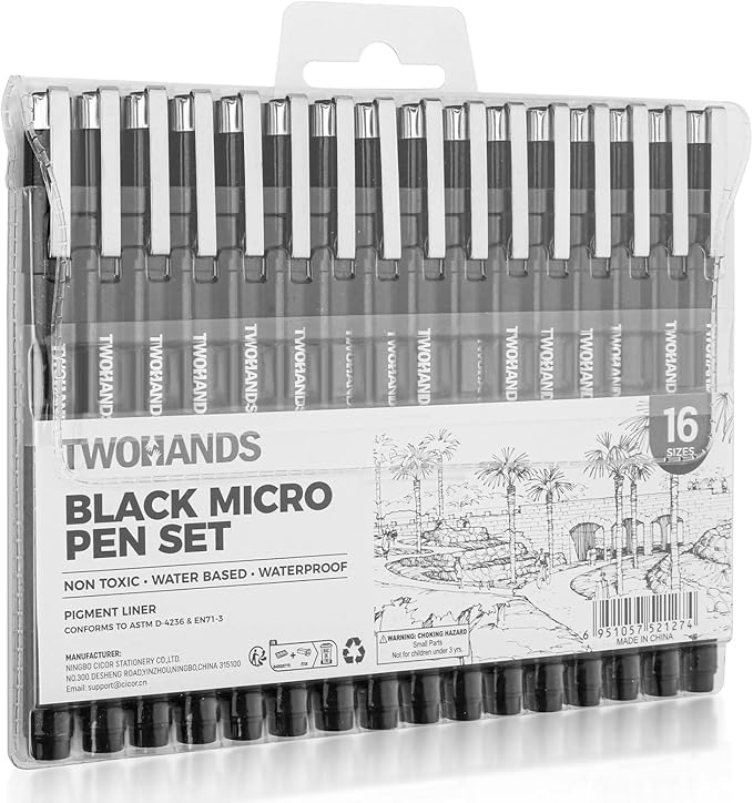 TWOHANDS Art Pen Drawing Marker Pens Fineliners Set of 16 Technical Drawing Marker,Pigment,Black,for Art Watercolor,Sketching,Anime,Manga, 21274