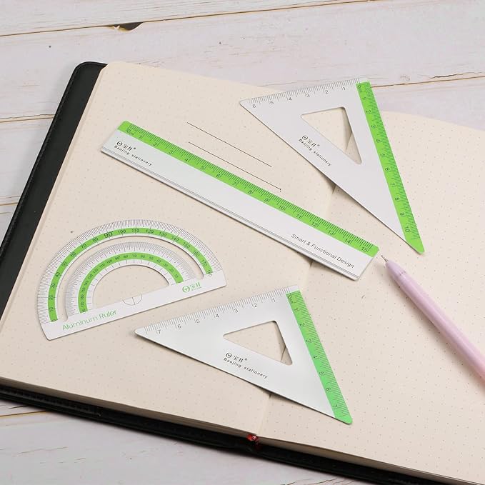 HARFINGTON 4pcs Geometry Set 15cm Metric Measure Ink Printing Aluminum Ruler Metal Ruler Set Triangle Protractor Ruler Tool Set for Classroom, Office, Home, Green