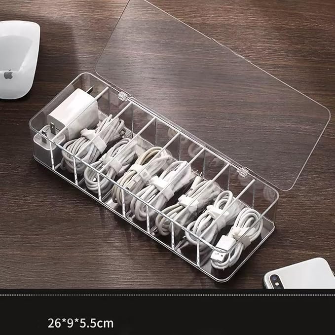 2Pcs Clear Cable Management Box with Lid, 26x9x5.5cm, Desktop Cord Organizer with Compartments (2, 10.2 x 3.5 x 2.2)