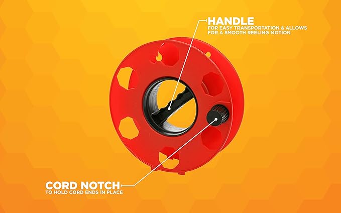 Woods Heavy Duty Cord Storage Wheel - Holds Up to 150 Feet of 16/3 or 125 Feet of 14/3 Gauge Cord - Tangle-Free Design for Extension Cords, Rope, or Hose - - Black