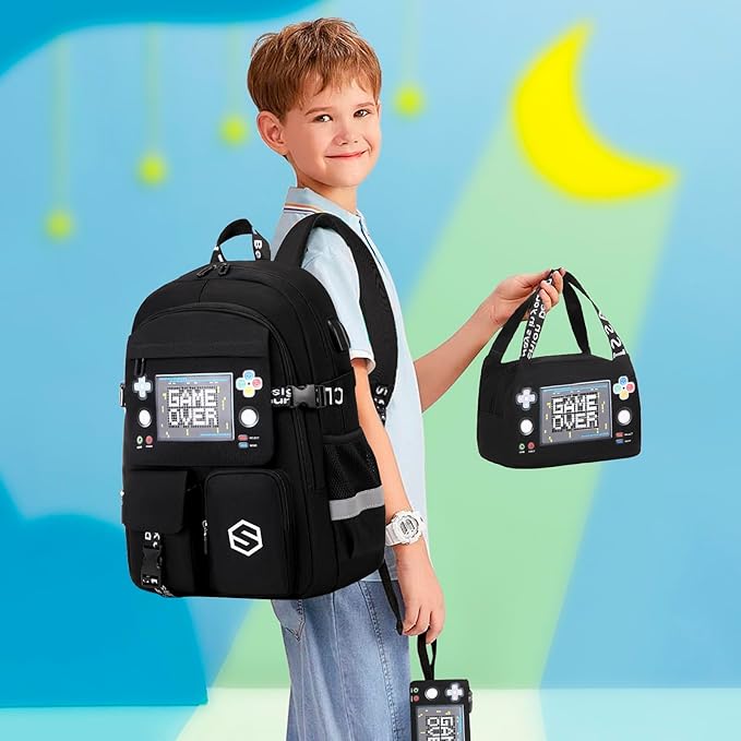 Boys Backpack, Cool Luminous Gamer School Backpacks for Boys with Kids Bento Lunch Box Lunch Bag Pencil Case, Kids Backpack Book Bags for Kindergarten Elementary Middle School