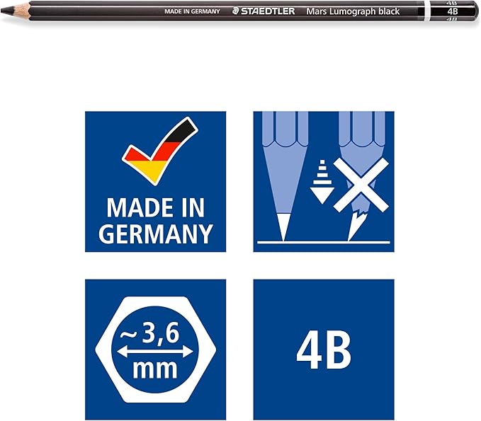 STAEDTLER Mars Lumograph Black Art Pencils, Presharpened #4B Artist Pencils, Box of 12, 100B-4B