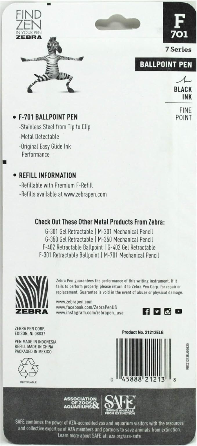 Zebra Pen F-701 Retractable Ballpoint Pen, 0.8mm Fine Point, Stainless Steel Barrel, Black Metal Pen with 2 Ink Refills
