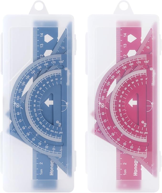Honagu Triangular Ruler Set, 2 Sets/8 Pieces Aluminum Alloy Ruler, Metal Drafting Ruler, Geometric Protractor for Students, Draftsmen, Engineers, School Office Supplies(15cm/5.9inches, Red+Deep Blue)
