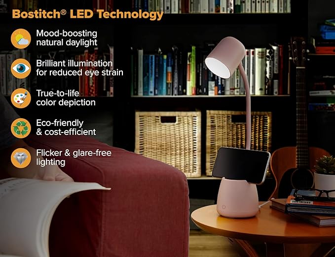 Bostitch Office LED2105-PNK Dimmable Lamp with Storage Cup, Three Brightness Levels, Touch Sensitive Dimmer, Energy-Efficient, Pink