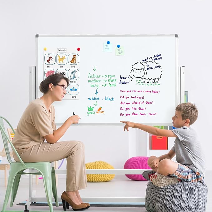 MAKELLO Rolling Whiteboard 60"x48", Large Magnetic Mobile White Board on Wheels, Double-Sided Dry Erase Board for Home Office School, Height Adjustable, 5'x4'