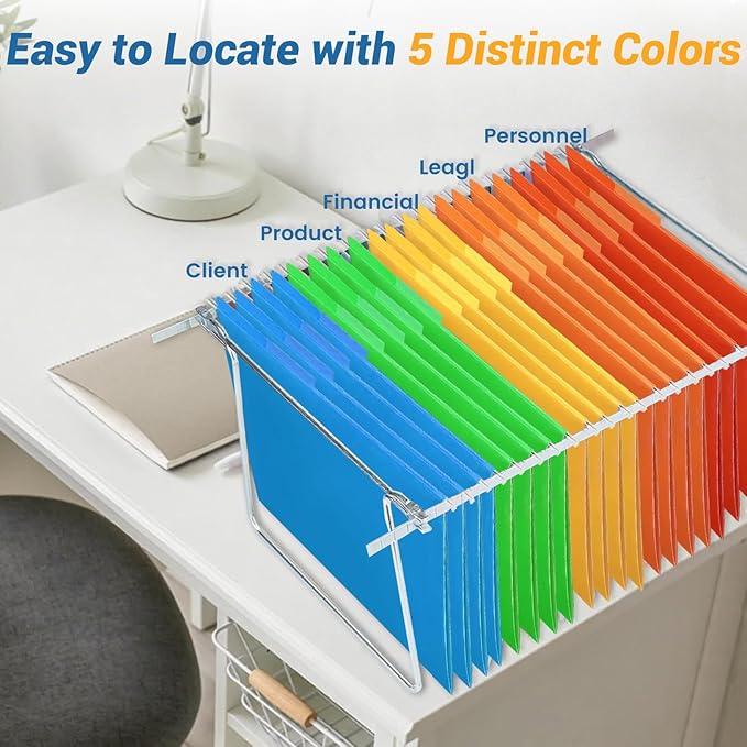 Classification Hanging File Folders with 2 Dividers, Goefun Letter Size Colored Classification Folders 20 Pack, 5 Color Assorted, Designed for Drawer, Cabinet, File Box, with 1/5-Cut Adjustable Tabs