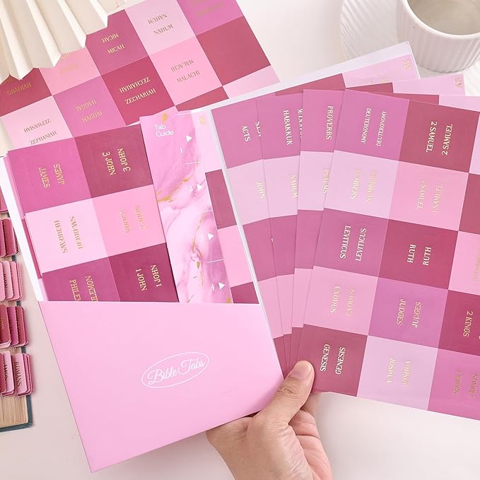 Laminated Bible Tabs, Gold Foil Embossed Lettering Bible Chapter Index Tabs for Women Men, Reposition Large Print Sticky Labels, Easy to Read and Apply, 105Chapters Labels for Easy Navigation (Pink)