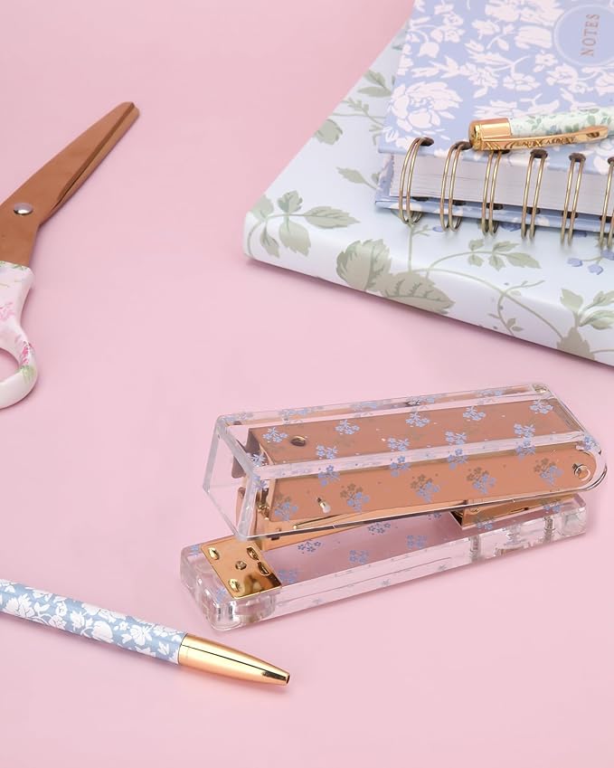Laura Ashley Heirloom Cottage Mini Stapler – Stylish Gold & Acrylic Desk Stapler with Floral Accents – Compact 5” Aesthetic Office Stapler for Home, School & Work – Gift-Ready Packaging