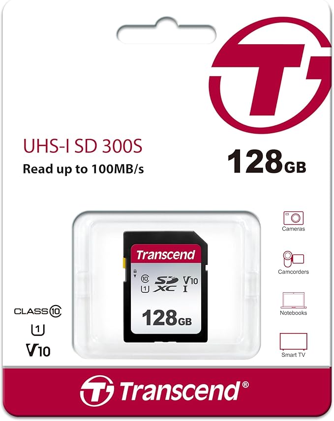 Transcend SDC300S 128GB SDXC Memory Card, Up to 100MB/s, UHS-I U1 V10, Full HD, Class 10 High-Speed SD Card for Canon, Nikon, Sony, Pentax, Kodak, Olympus, Panasonic Digital Cameras