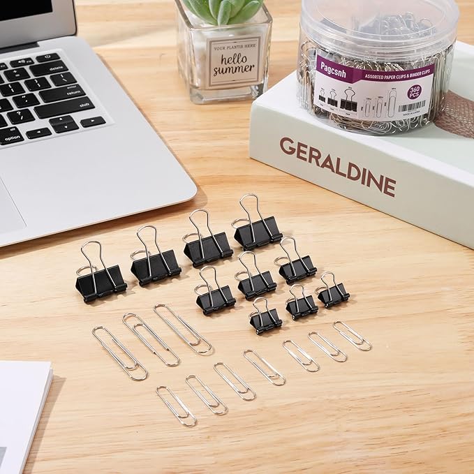 360 Pcs Paper Clips and Binder Clips Assorted Sizes, Large Medium Small Size Silver Paper Clips & Black Binder Clips with Container, for Office, Home, School Supplies