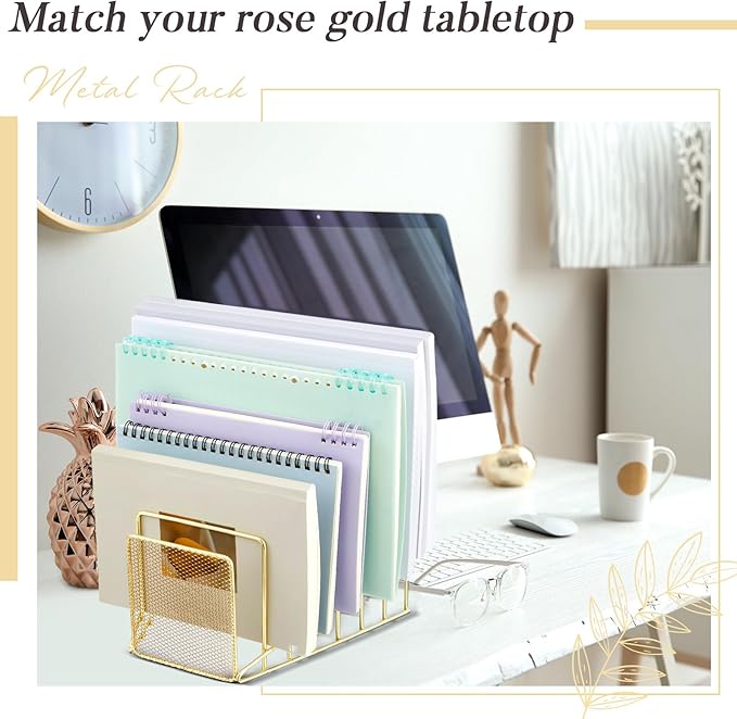 2 Pcs 7 Section Wire File Organizer for Desk, Metal Mesh Incline File Holder, Letter & Magazine Folder Rack, Desktop Paper Sorter for Home Office School (Golden)