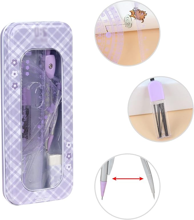 LABANCA 8 Pcs Compass Set with Protractor Rulers Pencil for Math Geometry (07434 Purple)