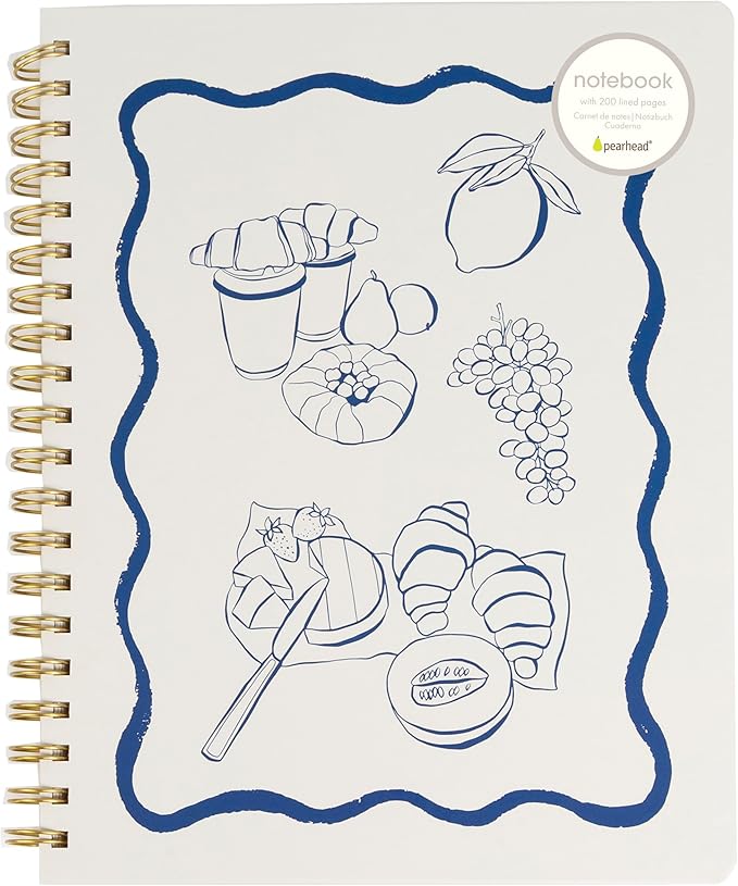 Pearhead Euro Breakfast Hardcover Spiral Notebook, 8x10 College-Ruled Lined Journal with Perforated Pages, 200 Pages for Planning, Work & School