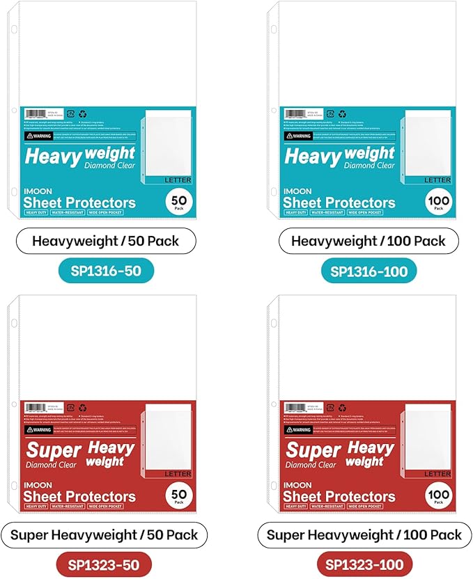 Super Heavyweight 3-Hole Letter Size Sheet Protectors - High Transparency Plastic Heavy Duty Sleeves for 3 Ring Binders, Archival Safe, Durable Page Protectors for Documents, 8.5x11 Inch (50 Pack)