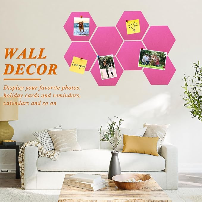8 Pcs Hexagon Felt Cork Bulletin Board Tiles, Self Adhesive DIY Bulletin Board Pin Board for Office School Home Wall Decor Memos Photos Display(Rose Pink)