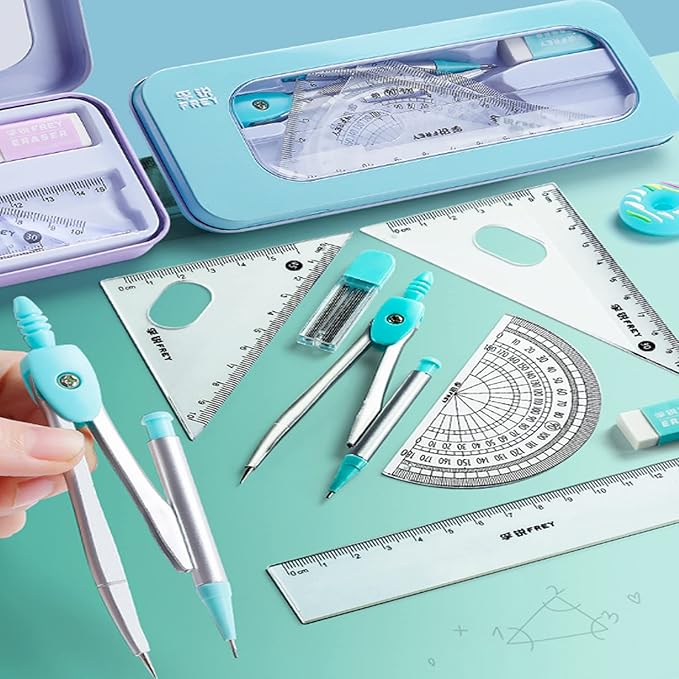 Math Geometry Kit Sets 7 Piece Student Supplieswith Shatterproof Storage Box, Compass for Geometry, Protractor Set, Geometry Kit, Drawing Tools, Drafting Set (Blue)