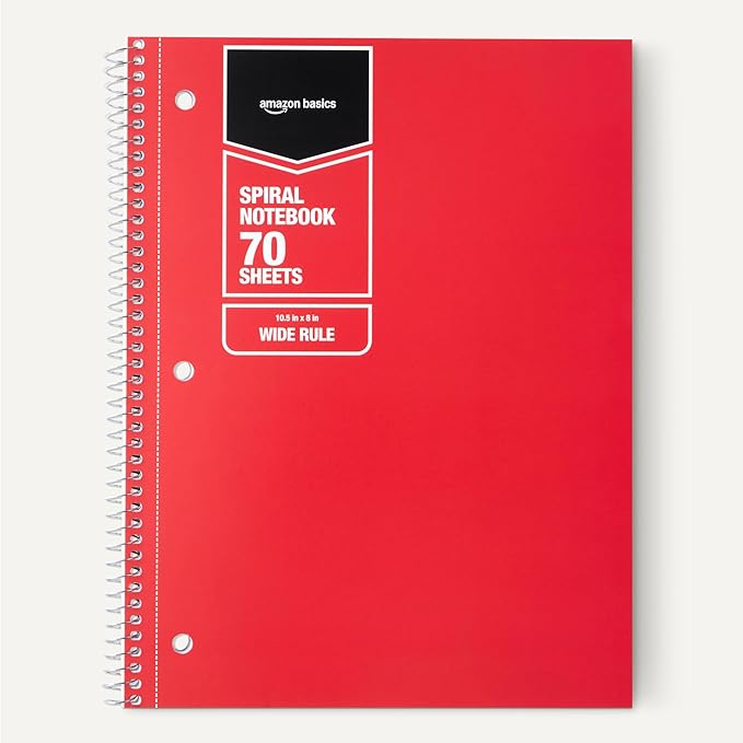 Amazon Basics Wide Ruled Spiral Notebook, For Work and School, 70 Sheets, 8" x 10.5", Assorted Solid Colors, 5 pack