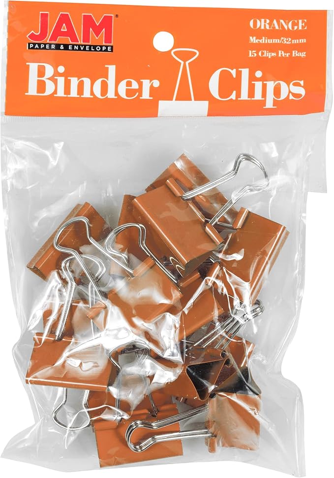 JAM PAPER Colorful Binder Clips - Medium - 1 1/4 Inch (32 mm) - Orange Binderclips - 15/Pack