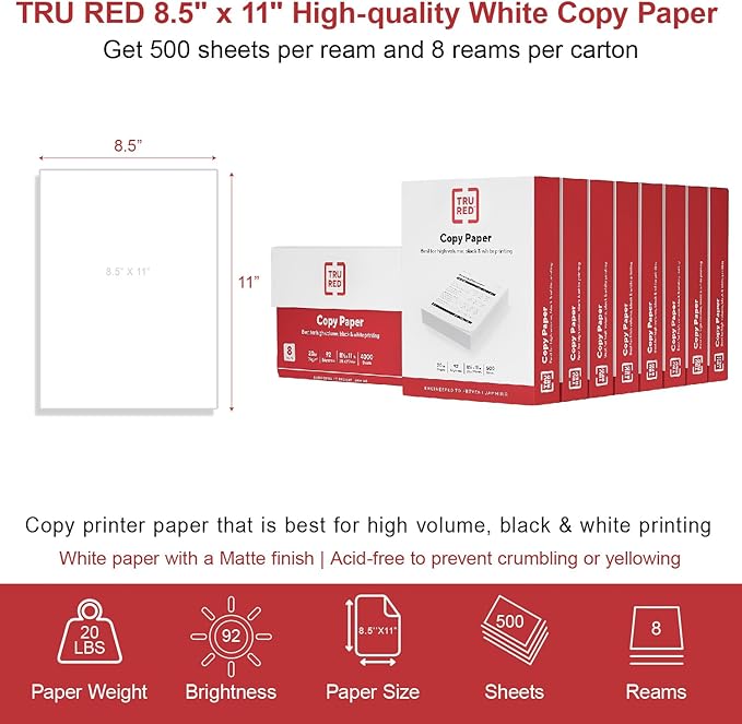 Staples TRU RED 8.5 x 11-Inch Copy Paper, 20 lbs., 92 Bright, 500 Sheets/Ream, 8 Reams/Carton (TR59702)