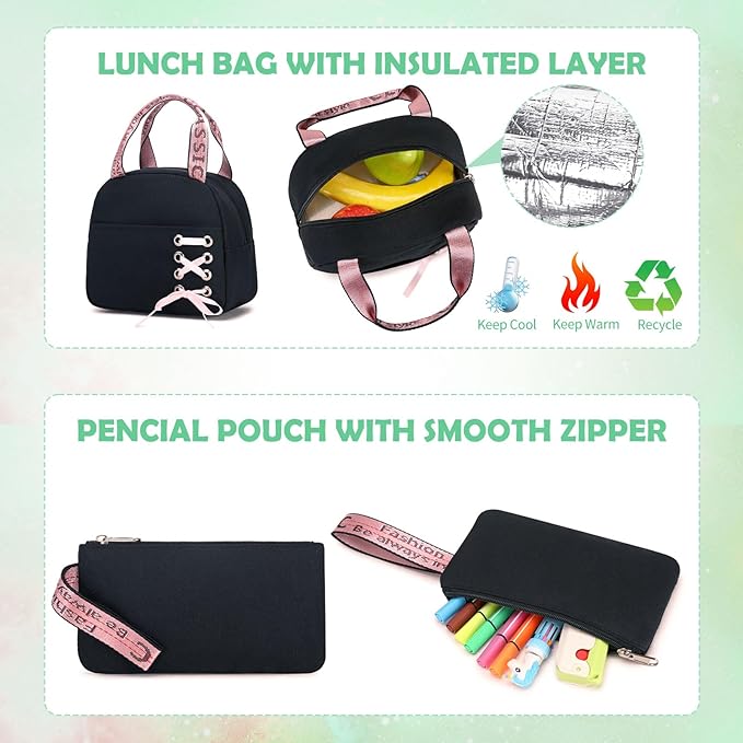Backpacks for Girls, Girls Backpack with Lunch Box and Pencil Case for Teen Kids Elementary Middle High School College Student, Children Backpack Bookbag with USB Charging Port (Black Green)