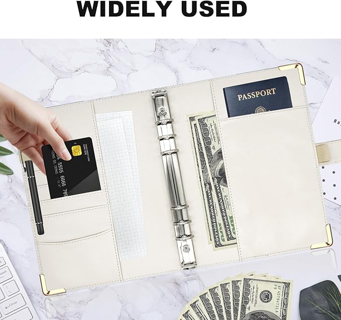 A5 Refillable 6 Ring Faux Leather Budget Binder,Mini Notebook Binder Cover for A5 Filler Paper,Loose Leaf Personal Planner Cover with Magnetic Buckle Closure(White Leaves)