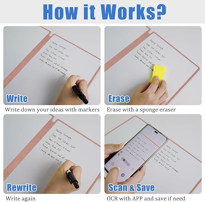 Portable White Board Dry Erase Notebook 12" x 9" (A4), Double Sided Folding Reusable Whiteboard with 3 Markers & 1 Pen Bag, Anti-Ghosting & Anti-Smudg Surface Notebook for Study, Meeting (Pink)