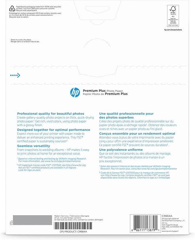 HP Premium Plus Photo Paper - Designed for HP Inkjet Printers, Glossy, 8.5x11 in, 50 sheets - (Pack of 1), (CR664A) White