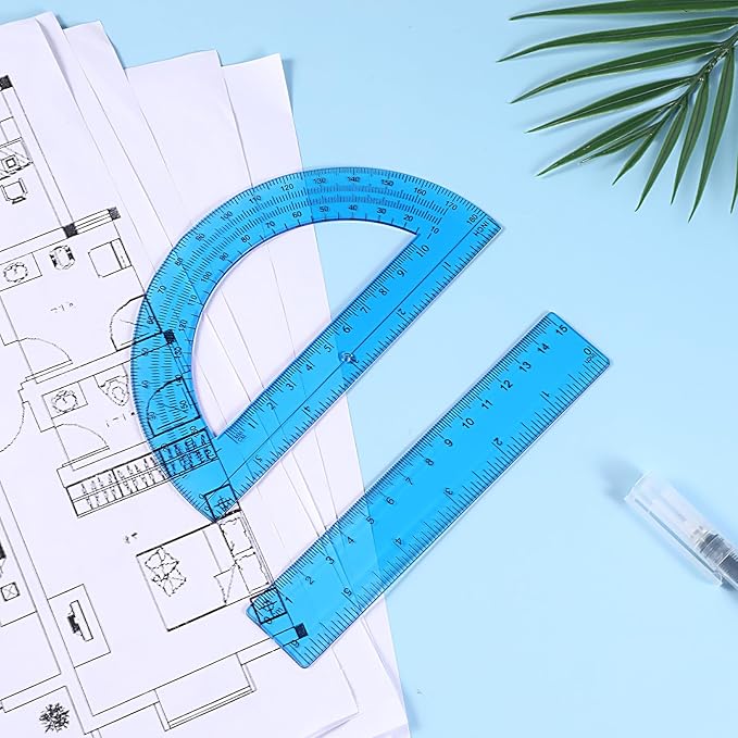 2Pcs 6 Inch Plastic Protractor and 6 Inch Plastic Ruler Set, Student Geometry Math Transparent Measuring Tools for Classroom School Office Supplies Drawing Measuring (Blue)