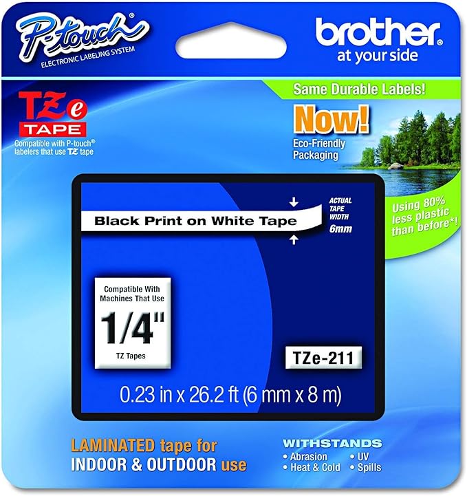 Brother P-Touch TZE-211 Label Tape 1, 1/4" (0.23") Standard Laminated Tape, Black on White, for Indoor or Outdoor Use, Water Resistant, 26.2 Feet (8M), Pack of 6