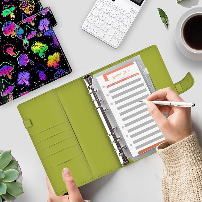Budget Binder, Cute A6 Money Saving Binder with Zipper Envelopes, PU Leather Money Organizer for Cash, Expense Budget Sheets and Cash Envelopes for Budgeting Cute Mushrooms