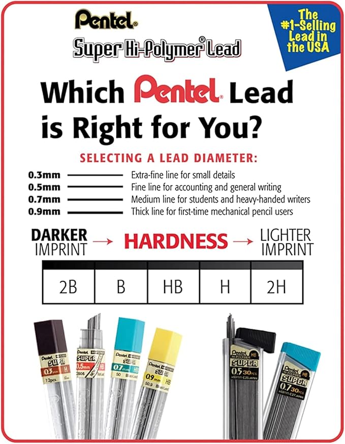 Pentel Super Hi-Polymer HB 7mm Lead Refill Pack - 6 Packs of 30 Leads & 3 Packs of 4 Latex-Free White Erasers - Mechanical Pencil Refills