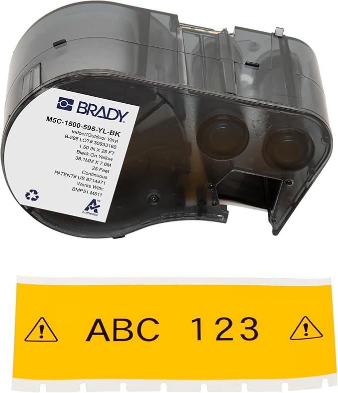 Brady Authentic(M5C-1500-595-YL-BK) All-Weather Vinyl Labels 1.5 in W x 25ft Black on Yellow. for use with BMP51, M510, and M511 Label Printers.