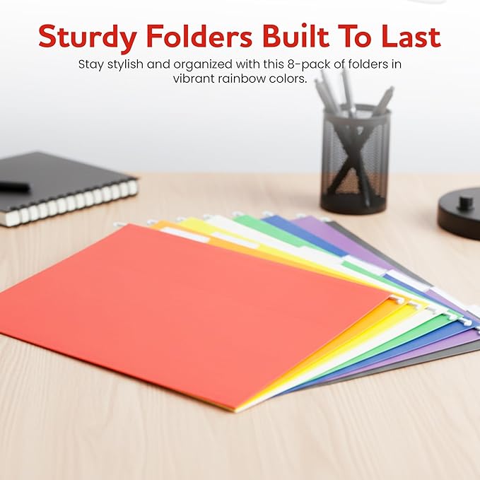 Colored Hanging File Folders – 8 Pack Assorted Colors, Letter Size File Organization Folders for Home, Office, School & Filing Cabinets.
