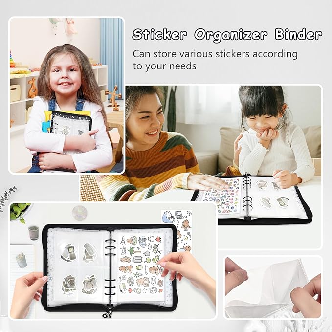 Sticker Storage Organizer Binder A5 Sticker Collecting Book Reusable Zipper Album with Clear Laser Star Cover and Pocket Pages (Black)