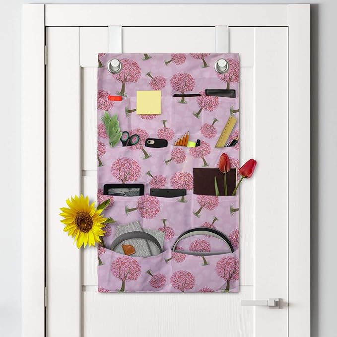 Ambesonne Valentine's Day Hanging Pocket Organizer, Continuous Pattern of Mini Hearts Romantic Tree Abstract Design, Printed Polyester Storage Bag with Pockets, 21" x 31", Pink and Pastel Pink