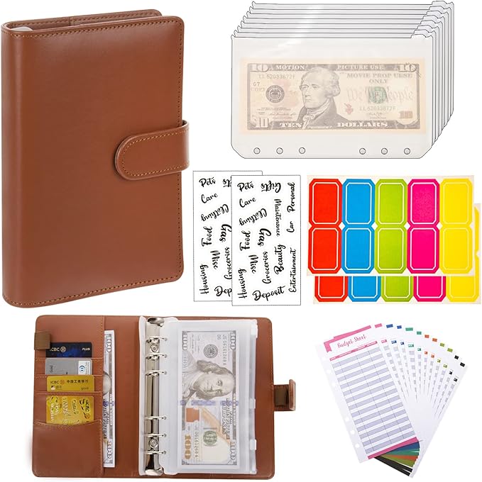 NICOOTHBudget Binder Cash Envelopes A6 Money Saving Binder with Zipper envelopes (Brown)