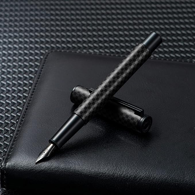 Hongdian Black Carbon Fiber Fountain Pen Extra Fine Nib Elegant Design Smooth Writer with Refillable Converter and Metal Pen Case Set