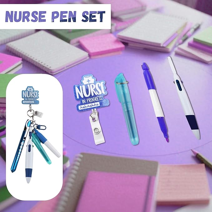 Student Nurse Pen Set Badge Reel Holder Accessories Clip, Retractable Mini Nursing Pen & Light Tool Set, Highlighter pens(Blue) and Highlighter pens