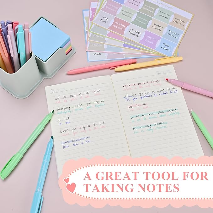 7-ackz Bible Highlighters Assorted Colors and Gel Pens Set, 8 Pastel Highlighter Markers 8 Colored Ink Gel Pens, 75 Tabs,Quickly Dry for Bible Study, Motivational Gift for Christians