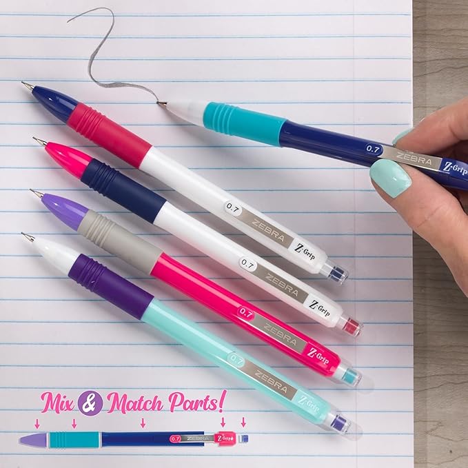 Zebra Pen, Z-Grip Mechanical Pencil, Smooth Writing, Latex-Free Grip, 0.7mm Lead, #2 HB, Pre-Loaded with Lead and Eraser, for School, Office, Everyday Use, Bright Colorful Barrels, 10-Pack, (50710)